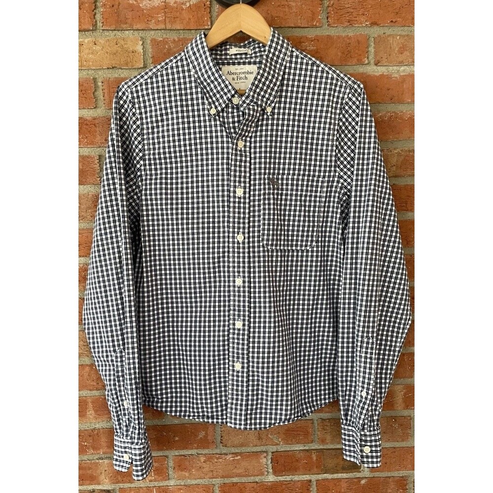 Abercrombie & Fitch Shirt Mens L Blue White Checked Muscle Fit Button Up Moose